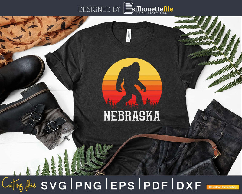 Retro Nebraska Bigfoot Silhouette Sun Believe Svg Shirt