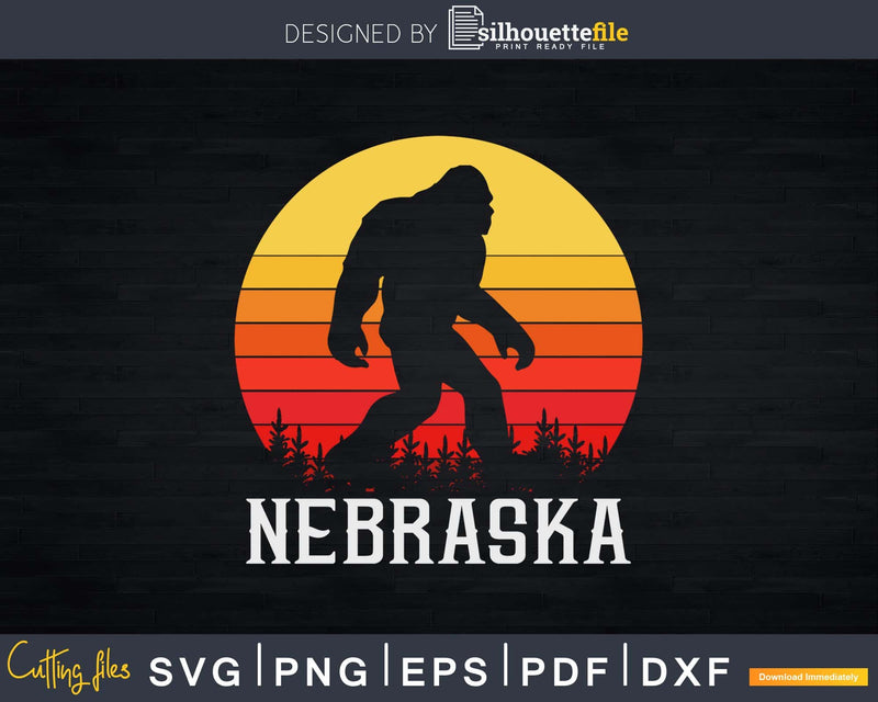 Retro Nebraska Bigfoot Silhouette Sun Believe Svg Shirt