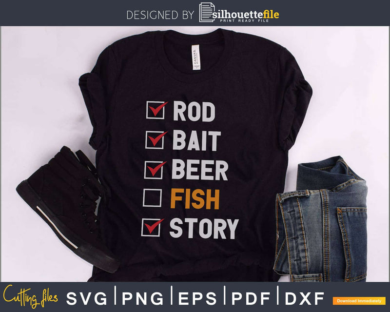 Rod Bait Beer Fish Story Fishing Checklist svg dxf png