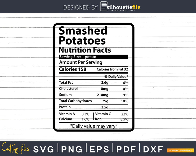 Smashed potatoes Nutrition Facts Thanksgiving Christmas Svg
