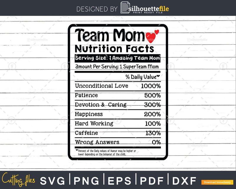 Team Mom Nutrition Facts Funny Mothers Day Svg Png Digital