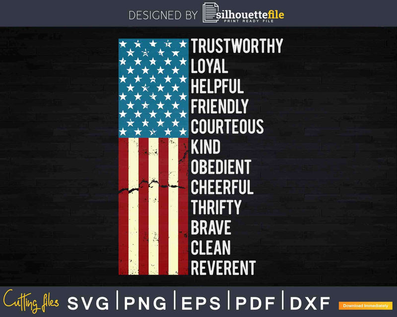 Vintage US America Flag Scouting Law Svg Dxf Png Cut Files