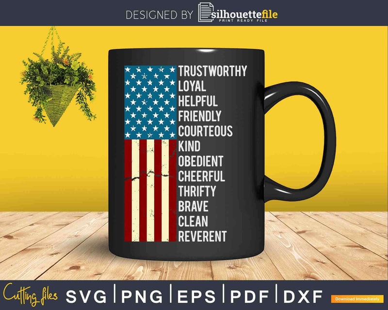 Vintage US America Flag Scouting Law Svg Dxf Png Cut Files