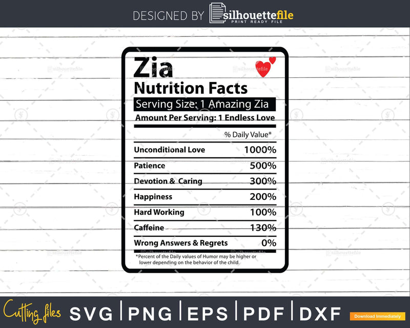 Zia Nutrition Facts Funny Mothers Day Svg Png Digital Art